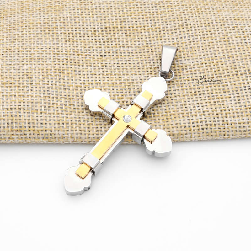 Double Layer Cross Pendant with CZ - Gold-Jewellery, Men's Jewellery, Men's Necklace, Necklaces, Pendants, Stainless Steel, Stainless Steel Pendant-sp0308-g2_800-Glitters