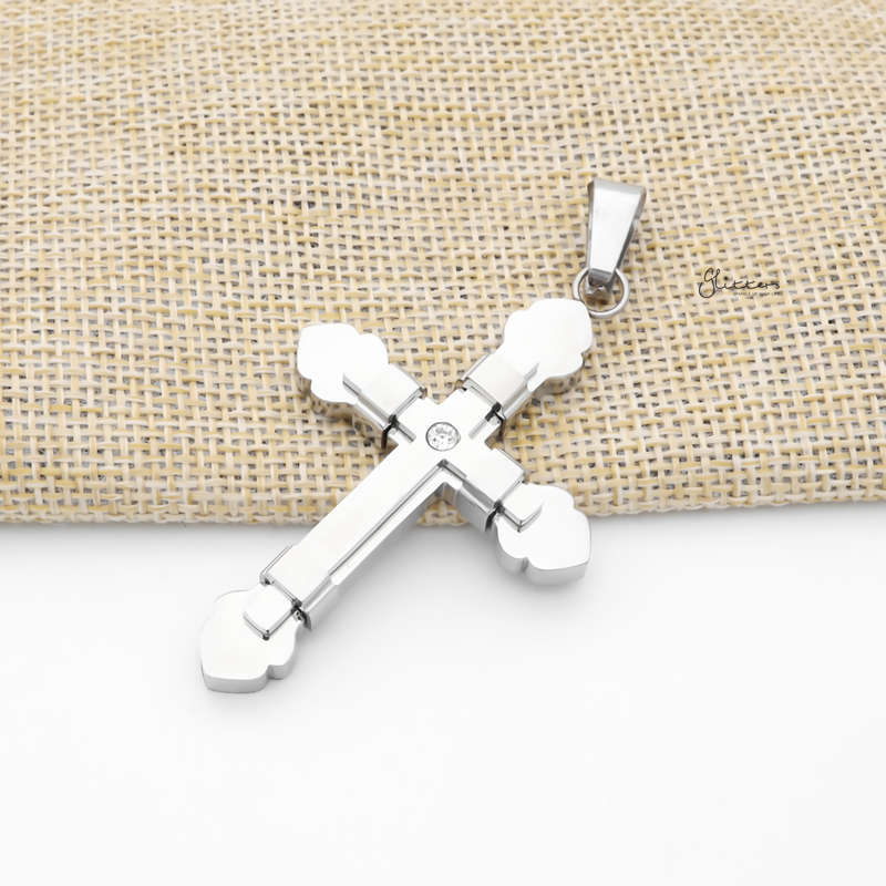Double Layer Cross Pendant with CZ - Silver-Jewellery, Men's Jewellery, Men's Necklace, Necklaces, Pendants, Stainless Steel, Stainless Steel Pendant-sp0308-s2_800-Glitters