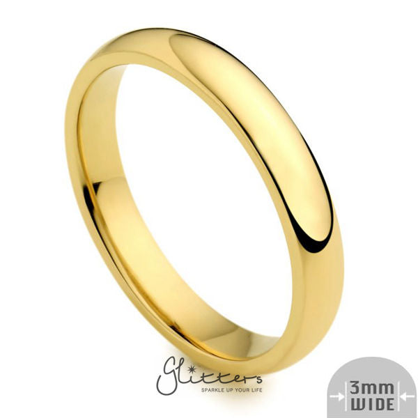 24K Gold Ion Plated over Stainless Steel 3mm Wide Glossy Mirror Polished Plain Band Ring-Jewellery, Men's Jewellery, Men's Rings, Plain Band, Rings, Stainless Steel, Stainless Steel Rings, Women's Jewellery, Women's Rings-sr0145-1-Glitters