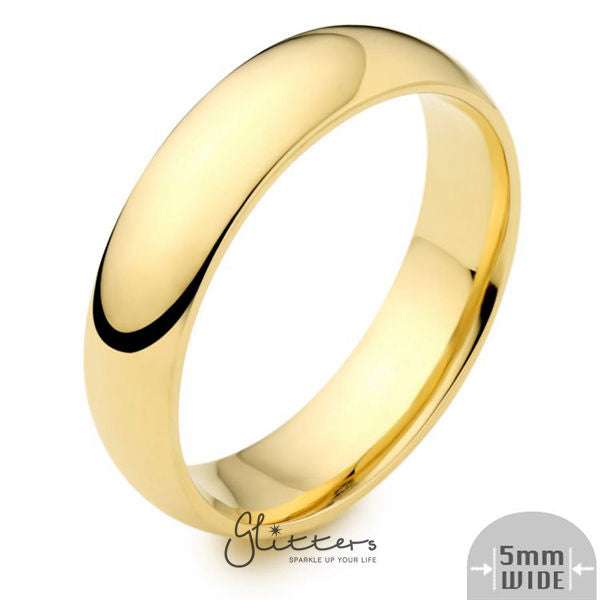 24K Gold Ion Plated over Stainless Steel 5mm Wide Glossy Mirror Polished Plain Band Ring-Jewellery, Men's Jewellery, Men's Rings, Plain Band, Rings, Stainless Steel, Stainless Steel Rings, Women's Jewellery, Women's Rings-sr0146-1-Glitters