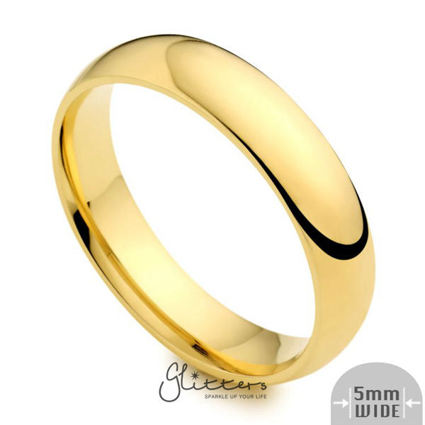 24K Gold Ion Plated over Stainless Steel 5mm Wide Glossy Mirror Polished Plain Band Ring-Jewellery, Men's Jewellery, Men's Rings, Plain Band, Rings, Stainless Steel, Stainless Steel Rings, Women's Jewellery, Women's Rings-sr0146-2-Glitters