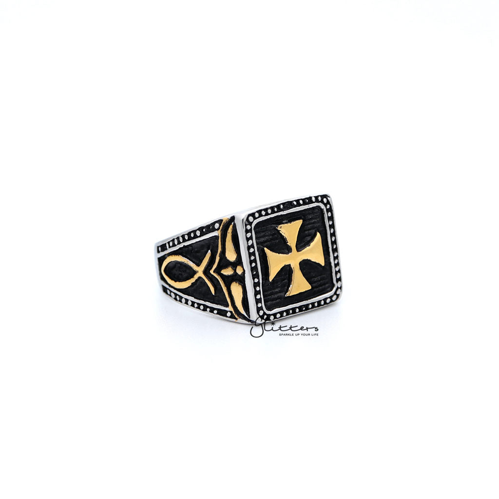 Stainless Steel Antiqued Two Tone Cross Casting Men's Rings-Jewellery, Men's Jewellery, Men's Rings, Rings, Stainless Steel, Stainless Steel Rings-sr0246_1000-03-Glitters