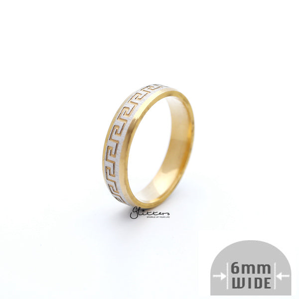 6mm Wide Stainless Steel Two-Tone Greek Key Accented Matt Finish Ring-Jewellery, Men's Jewellery, Men's Rings, Rings, Sale, Stainless Steel, Stainless Steel Rings-sr0263-01-Glitters