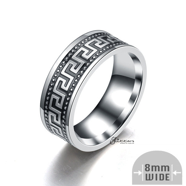 Stainless Steel Greek Key Band Ring - 8mm Wide-Jewellery, Men's Jewellery, Men's Rings, Rings, Stainless Steel, Stainless Steel Rings-sr0264-01-Glitters