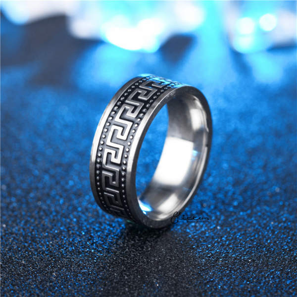 Stainless Steel Greek Key Band Ring - 8mm Wide-Jewellery, Men's Jewellery, Men's Rings, Rings, Stainless Steel, Stainless Steel Rings-sr0264-02-Glitters