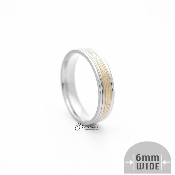 6mm Silver Greek Key on Gold Background Stainless Steel Band Rings-Jewellery, Men's Jewellery, Men's Rings, Rings, Stainless Steel, Stainless Steel Rings-sr0270-02_600-Glitters