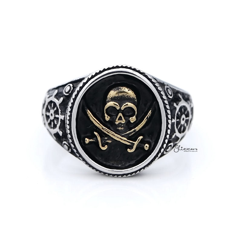 Gold Pirate Skull Crossbones Swords Stainless Steel Men's Ring-Jewellery, Men's Jewellery, Men's Rings, Rings, Stainless Steel, Stainless Steel Rings-sr0273_1__1-Glitters