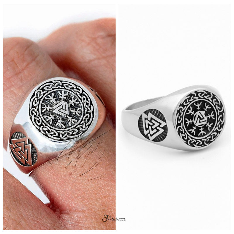 Valknut Stainless Steel Ring with Helm of Awe Symbol-Jewellery, Men's Jewellery, Men's Rings, Rings, Stainless Steel, Stainless Steel Rings-1-Glitters