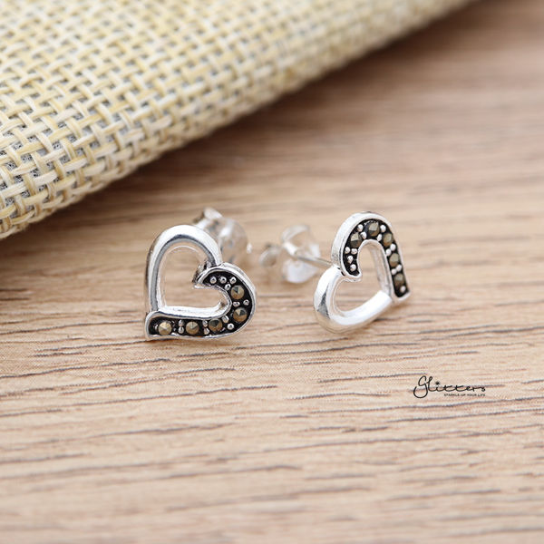 925 Sterling Silver Heart Stud Earrings with Marcasite-earrings, Jewellery, Stud Earrings, Women's Earrings, Women's Jewellery-sse0024_02_600-Glitters