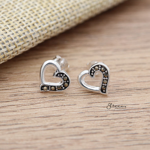 925 Sterling Silver Heart Stud Earrings with Marcasite-earrings, Jewellery, Stud Earrings, Women's Earrings, Women's Jewellery-sse0024_600-Glitters