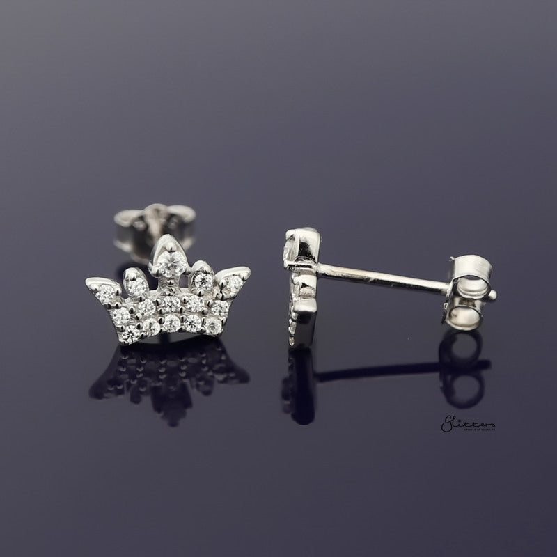 Sterling Silver CZ Paved Crown Stud Earrings - Silver-Cubic Zirconia, earrings, Jewellery, Stud Earrings, Women's Earrings, Women's Jewellery-sse0079-1-Glitters