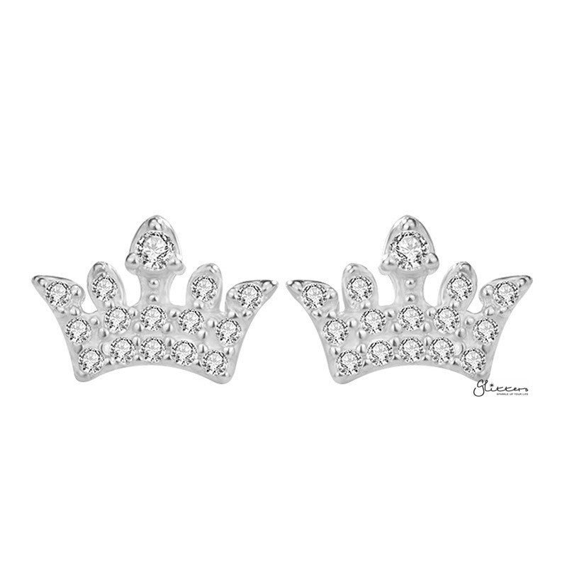 Sterling Silver CZ Paved Crown Stud Earrings - Silver-Cubic Zirconia, earrings, Jewellery, Stud Earrings, Women's Earrings, Women's Jewellery-sse0079_1-Glitters
