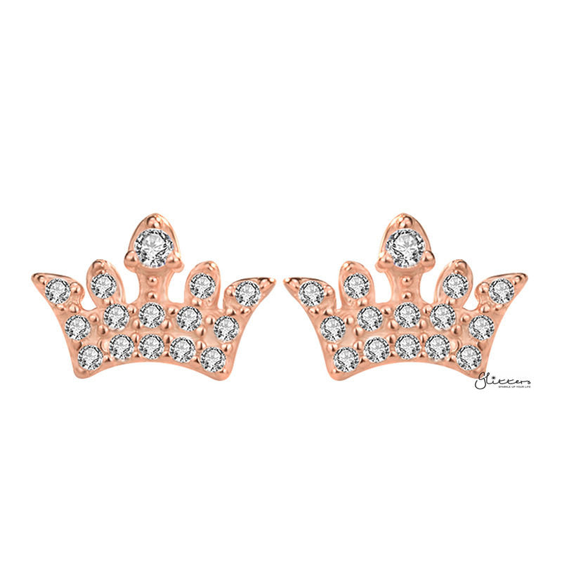 Sterling Silver CZ Paved Crown Stud Earrings - Rose Gold-Cubic Zirconia, earrings, Jewellery, Stud Earrings, Women's Earrings, Women's Jewellery-sse0079_2-Glitters