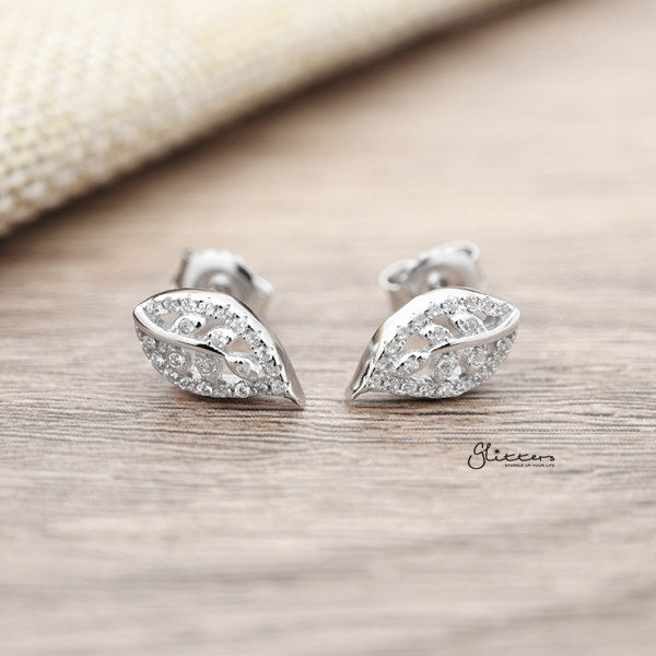 925 Sterling Silver CZ Leaf Stud Earrings-Cubic Zirconia, earrings, Jewellery, Stud Earrings, Women's Earrings, Women's Jewellery-sse0110-01_600-Glitters