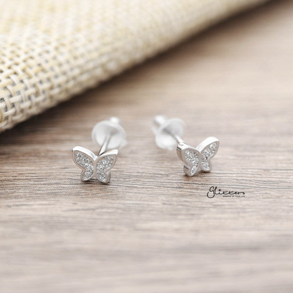 925 Sterling Silver CZ Paved Butterfly Stud Earrings-Cubic Zirconia, earrings, Jewellery, Stud Earrings, Women's Earrings, Women's Jewellery-sse0130-01_600-Glitters