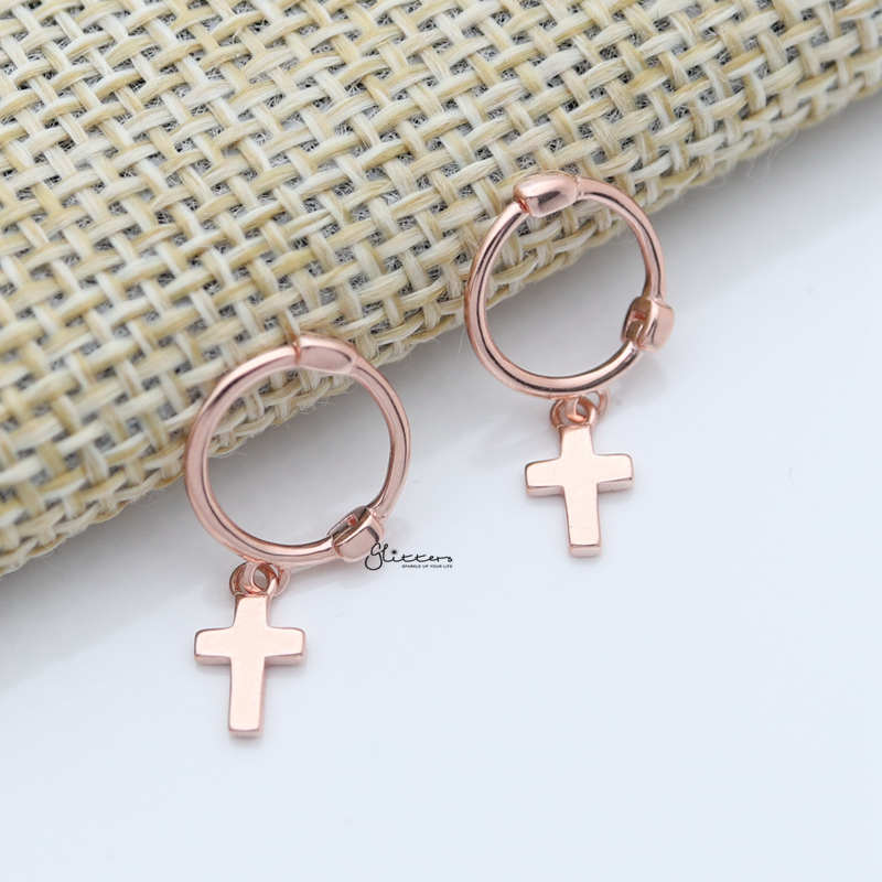 Sterling Silver One-Touch Hoop Earrings with Dangle Cross - Rose Gold-earrings, Hoop Earrings, Jewellery, Women's Earrings, Women's Jewellery-sse0325-RG-2_800-Glitters