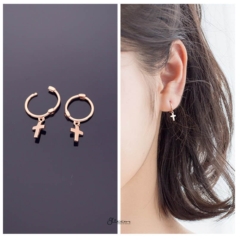 Sterling Silver One-Touch Hoop Earrings with Dangle Cross - Rose Gold-earrings, Hoop Earrings, Jewellery, Women's Earrings, Women's Jewellery-sse0325-RG-3-Glitters