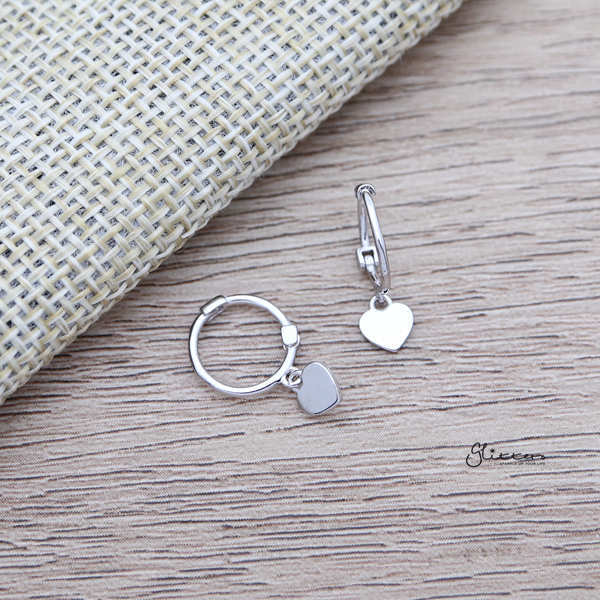 925 Sterling Silver Plain One-Touch Hoop Earrings with Dangle Heart-earrings, Hoop Earrings, Jewellery, Women's Earrings, Women's Jewellery-sse0347-01_600-Glitters
