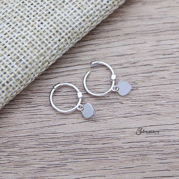 925 Sterling Silver Plain One-Touch Hoop Earrings with Dangle Heart-earrings, Hoop Earrings, Jewellery, Women's Earrings, Women's Jewellery-sse0347-02_600-Glitters