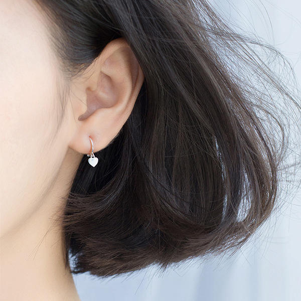 925 Sterling Silver Plain One-Touch Hoop Earrings with Dangle Heart-earrings, Hoop Earrings, Jewellery, Women's Earrings, Women's Jewellery-sse0347-m-Glitters