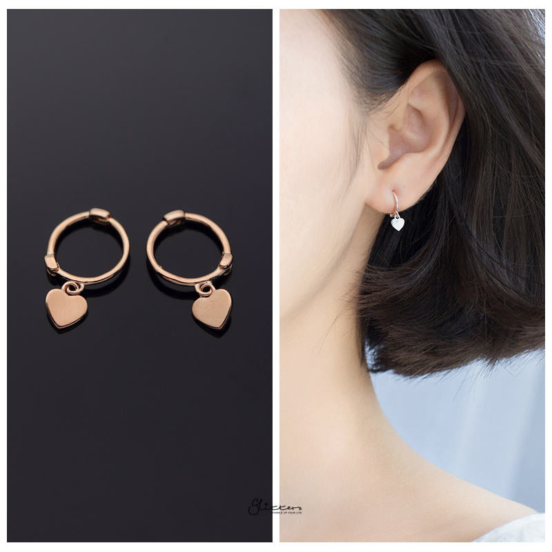 Sterling Silver One-Touch Hoop Earrings with Dangle Heart - Rose Gold-earrings, Hoop Earrings, Jewellery, Women's Earrings, Women's Jewellery-sse0347-rg-2-Glitters
