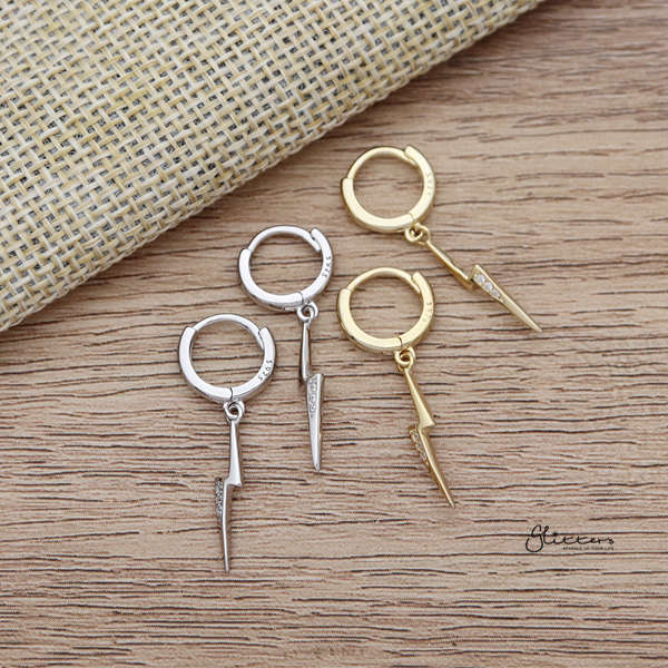 925 Sterling Silver Dangle C.Z Lightning One-Touch Huggie Hoop Earrings-Cubic Zirconia, earrings, Hoop Earrings, Jewellery, Women's Earrings, Women's Jewellery-sse0350-01_600-Glitters
