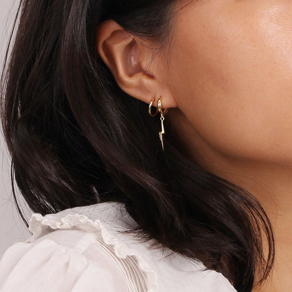 925 Sterling Silver Dangle C.Z Lightning One-Touch Huggie Hoop Earrings-Cubic Zirconia, earrings, Hoop Earrings, Jewellery, Women's Earrings, Women's Jewellery-sse0350-m-Glitters