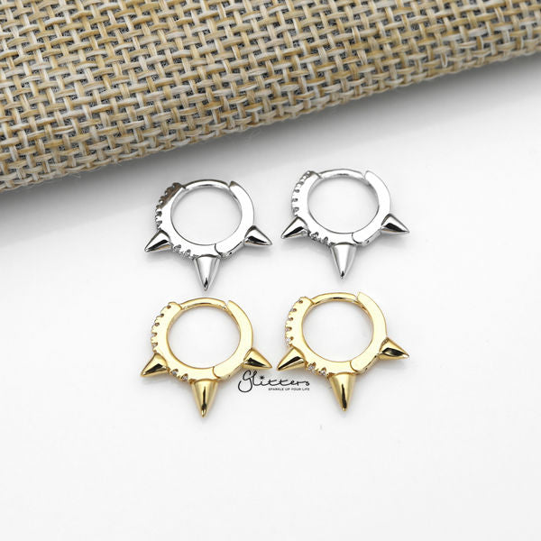 925 Sterling Silver Spikes C.Z One-Touch Huggie Hoop Earrings-Cubic Zirconia, earrings, Hoop Earrings, Jewellery, Women's Earrings, Women's Jewellery-sse0368-a_600-Glitters
