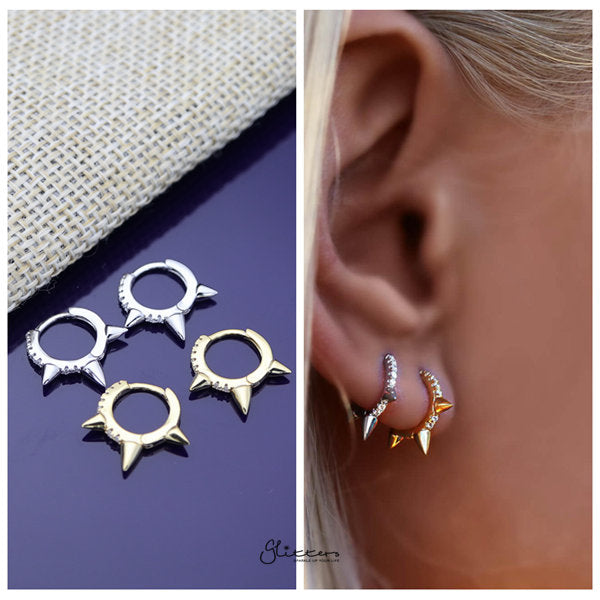 925 Sterling Silver Spikes C.Z One-Touch Huggie Hoop Earrings-Cubic Zirconia, earrings, Hoop Earrings, Jewellery, Women's Earrings, Women's Jewellery-sse0368-m-Glitters