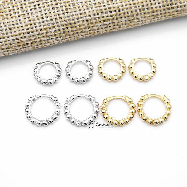 925 Sterling Silver Beaded One-Touch Huggie Hoop Earrings-Daith, earrings, Hoop Earrings, Jewellery, Tragus, Women's Earrings, Women's Jewellery-sse0369-a_600-Glitters