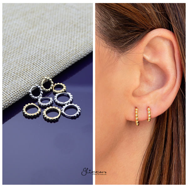 925 Sterling Silver Beaded One-Touch Huggie Hoop Earrings-Daith, earrings, Hoop Earrings, Jewellery, Tragus, Women's Earrings, Women's Jewellery-sse0369_g__600-Glitters