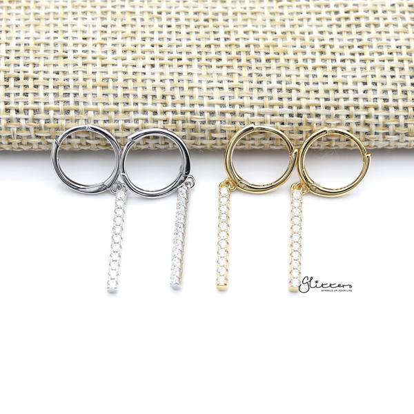 925 Sterling Silver Long Bar Drop Charm One-Touch Hoop Earrings-Cubic Zirconia, earrings, Hoop Earrings, Jewellery, Women's Earrings, Women's Jewellery-sse0371-a_600-Glitters