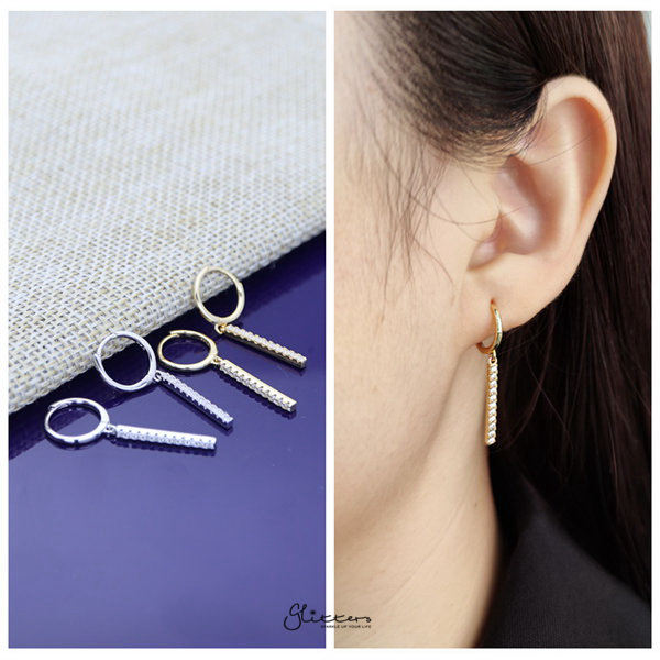 925 Sterling Silver Long Bar Drop Charm One-Touch Hoop Earrings-Cubic Zirconia, earrings, Hoop Earrings, Jewellery, Women's Earrings, Women's Jewellery-sse0371-m-Glitters