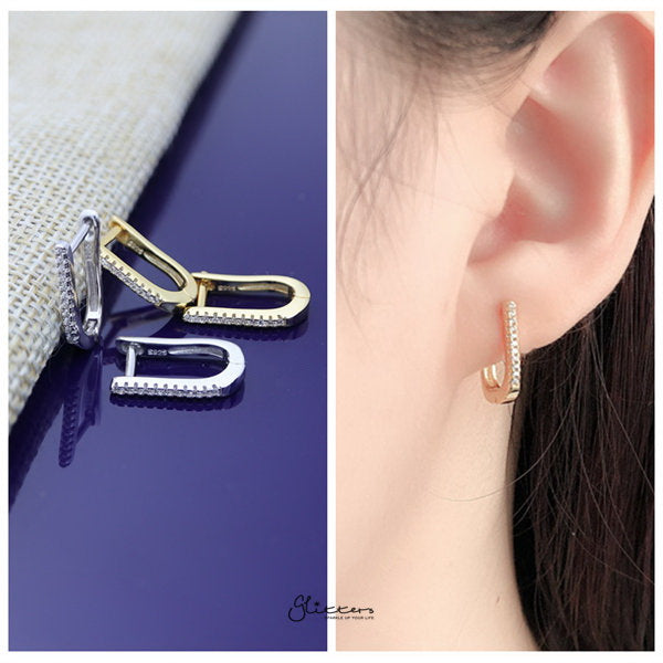 925 Sterling Silver Oval Shape One-Touch Huggie Earrings-Cubic Zirconia, earrings, Hoop Earrings, Jewellery, Women's Earrings, Women's Jewellery-sse0372-m2-Glitters