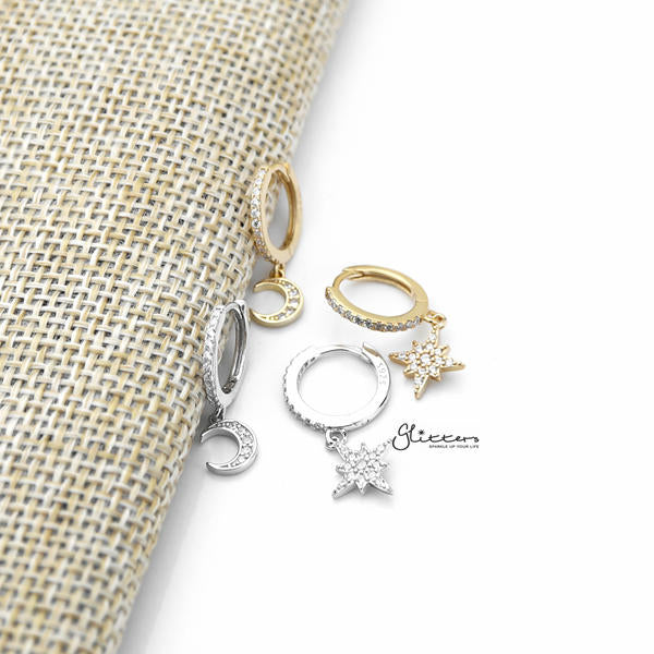 925 Sterling Silver Dangle C.Z Moon Star One-Touch Huggie Hoop Earrings-Cubic Zirconia, earrings, Hoop Earrings, Jewellery, Women's Earrings, Women's Jewellery-sse0375-a_600-Glitters