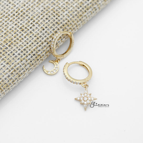 925 Sterling Silver Dangle C.Z Moon Star One-Touch Huggie Hoop Earrings-Cubic Zirconia, earrings, Hoop Earrings, Jewellery, Women's Earrings, Women's Jewellery-sse0375-g_600-Glitters