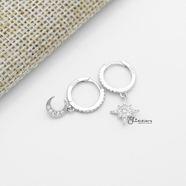 925 Sterling Silver Dangle C.Z Moon Star One-Touch Huggie Hoop Earrings-Cubic Zirconia, earrings, Hoop Earrings, Jewellery, Women's Earrings, Women's Jewellery-sse0375-s_600-Glitters