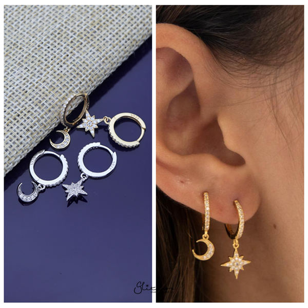 925 Sterling Silver Dangle C.Z Moon Star One-Touch Huggie Hoop Earrings-Cubic Zirconia, earrings, Hoop Earrings, Jewellery, Women's Earrings, Women's Jewellery-sse0375m_600-Glitters