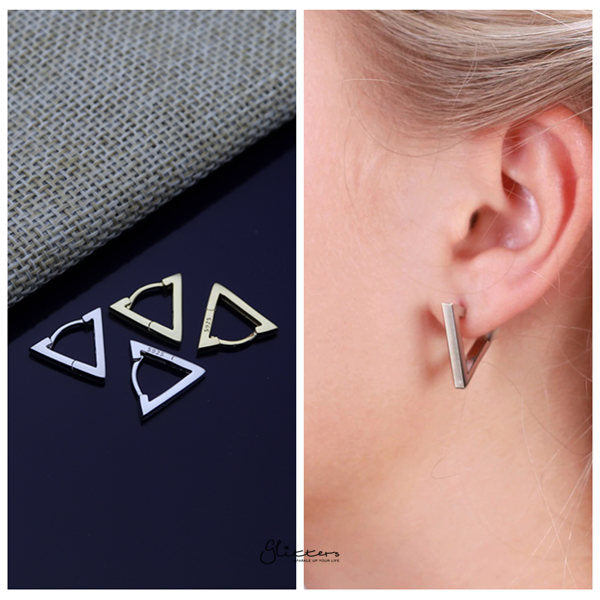 925 Sterling Silver Plain Triangle Shape One-Touch Huggie Earrings-earrings, Hoop Earrings, Jewellery, Women's Earrings, Women's Jewellery-sse0381-m-Glitters