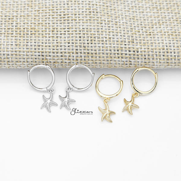 925 Sterling Silver Dangle Starfish One-Touch Huggie Hoop Earrings-earrings, Hoop Earrings, Jewellery, Women's Earrings, Women's Jewellery-sse0383-a_600-Glitters