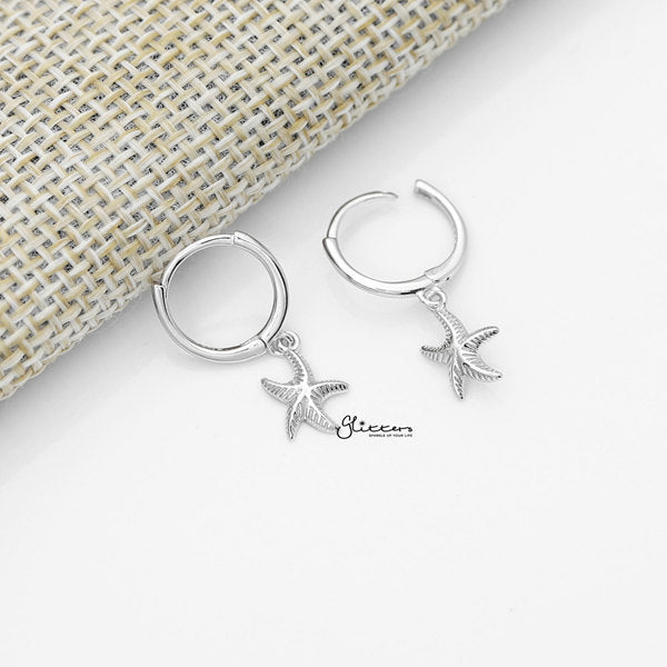925 Sterling Silver Dangle Starfish One-Touch Huggie Hoop Earrings-earrings, Hoop Earrings, Jewellery, Women's Earrings, Women's Jewellery-sse0383s_600-Glitters