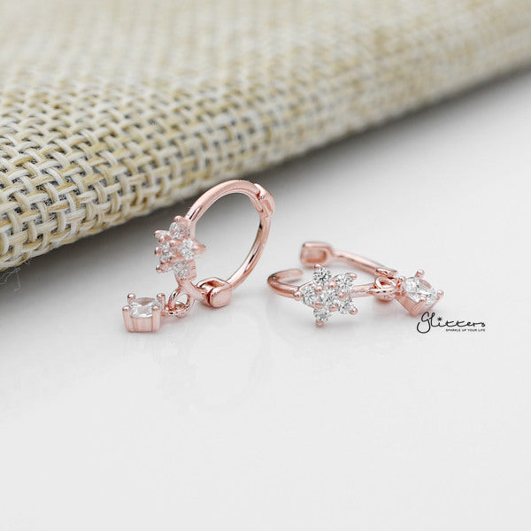 Sterling Silver C.Z Flower Hoop Earrings with Dangle Prong Set C.Z - Rose Gold-Cubic Zirconia, earrings, Hoop Earrings, Jewellery, Women's Earrings, Women's Jewellery-sse0390-RG_600-Glitters