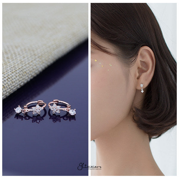 Sterling Silver C.Z Flower Hoop Earrings with Dangle Prong Set C.Z - Rose Gold-Cubic Zirconia, earrings, Hoop Earrings, Jewellery, Women's Earrings, Women's Jewellery-sse0390-rg-m-Glitters