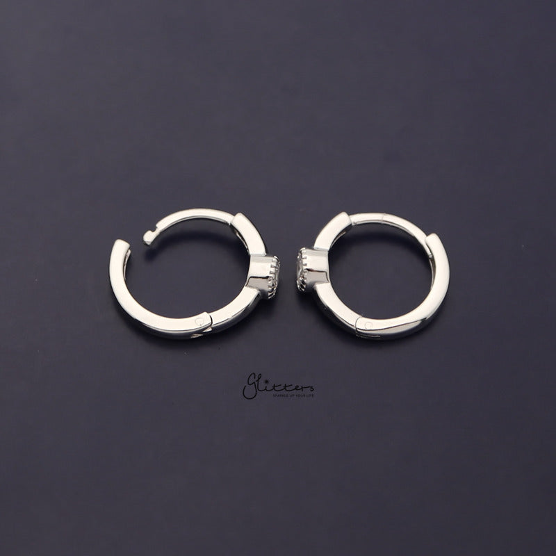 Round C.Z Centred Sterling Silver One-Touch Huggie Hoop Earring - Silver-Cubic Zirconia, earrings, Hoop Earrings, Jewellery, Women's Earrings, Women's Jewellery-sse0397-s-2_800-Glitters