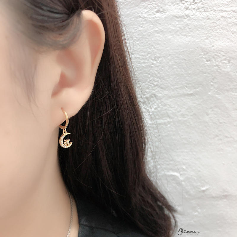 Sterling Silver Huggie Hoop Earrings with Dangle C.Z Moon and Star - Silver-Cubic Zirconia, earrings, Hoop Earrings, Jewellery, Women's Earrings, Women's Jewellery-sse0400-m_1-Glitters