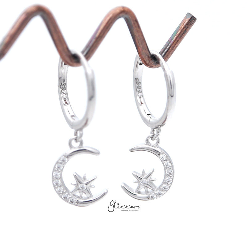 Sterling Silver Huggie Hoop Earrings with Dangle C.Z Moon and Star - Silver-Cubic Zirconia, earrings, Hoop Earrings, Jewellery, Women's Earrings, Women's Jewellery-sse0400-s-2_800-Glitters