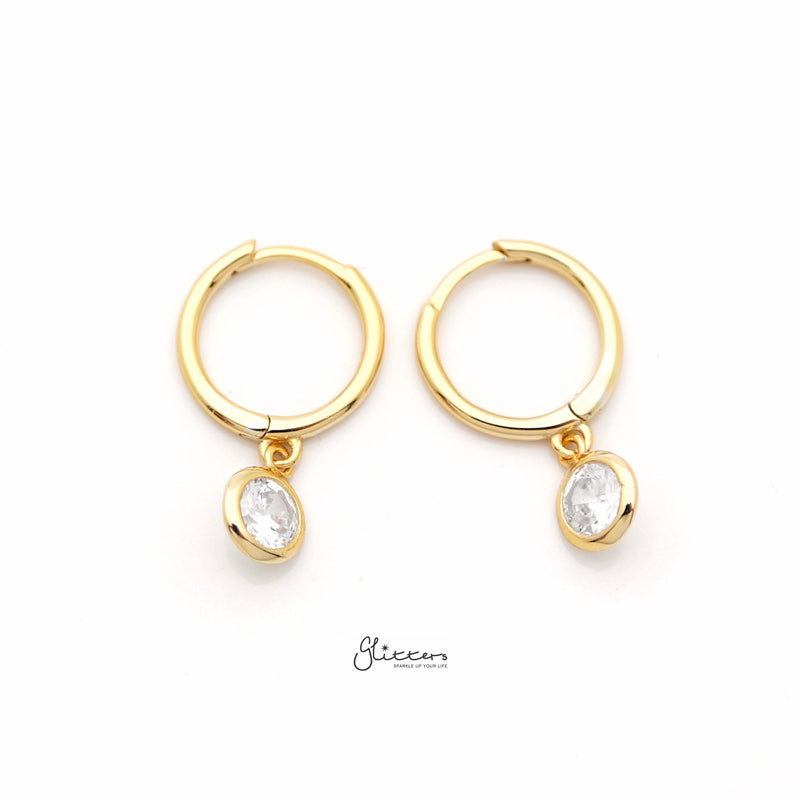 Sterling Silver Huggie Hoop Earrings with Dangle Round CZ - Gold-Cubic Zirconia, earrings, Hoop Earrings, Jewellery, Women's Earrings, Women's Jewellery-sse0401-g-1_800-Glitters