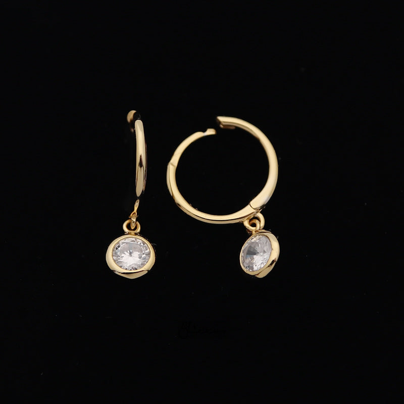 Sterling Silver Huggie Hoop Earrings with Dangle Round CZ - Gold-Cubic Zirconia, earrings, Hoop Earrings, Jewellery, Women's Earrings, Women's Jewellery-sse0401-g-2_800-Glitters