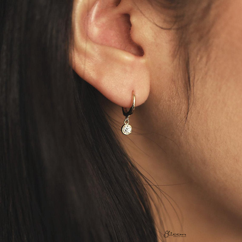 Sterling Silver Huggie Hoop Earrings with Dangle Round CZ - Gold-Cubic Zirconia, earrings, Hoop Earrings, Jewellery, Women's Earrings, Women's Jewellery-sse0401-g-m_800-Glitters