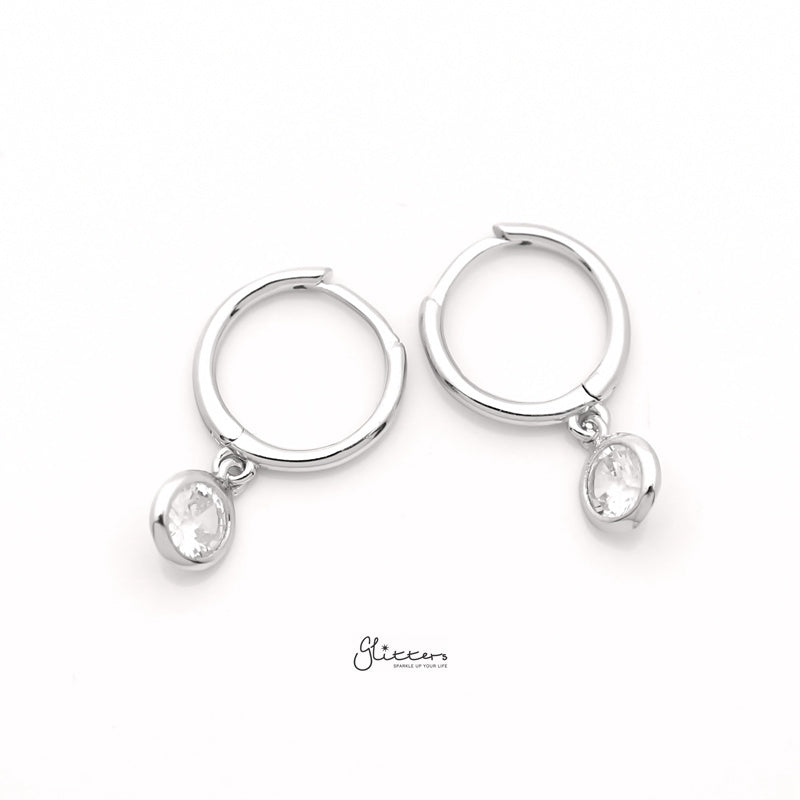 Sterling Silver Huggie Hoop Earrings with Dangle Round CZ - Silver-Cubic Zirconia, earrings, Hoop Earrings, Jewellery, Women's Earrings, Women's Jewellery-sse0401-s-1_800-Glitters
